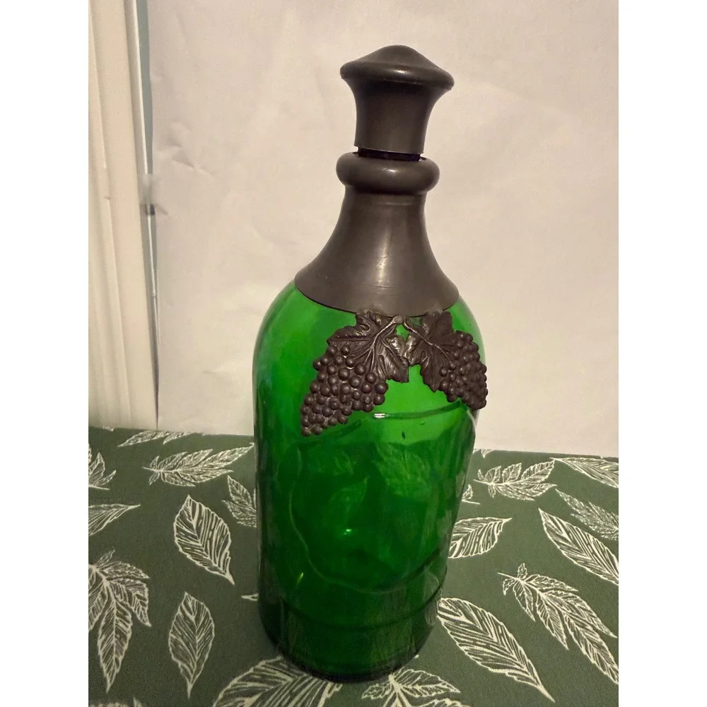 Vintage Emerald Green Glass Decanter with Pewter Grape Cluster Metal Collar 10in